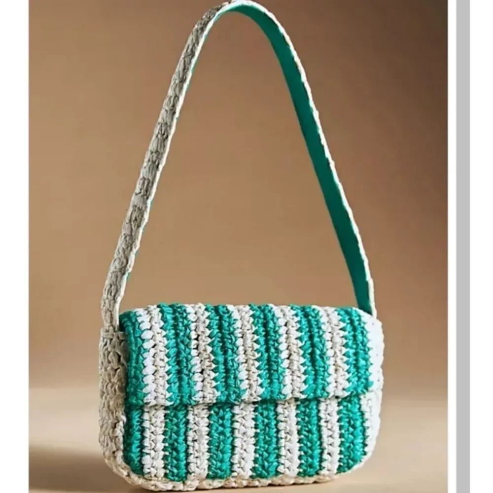 NWOT Anthropologie Striped Raffia Shoulder Bag Green Retro Cream Chic Street